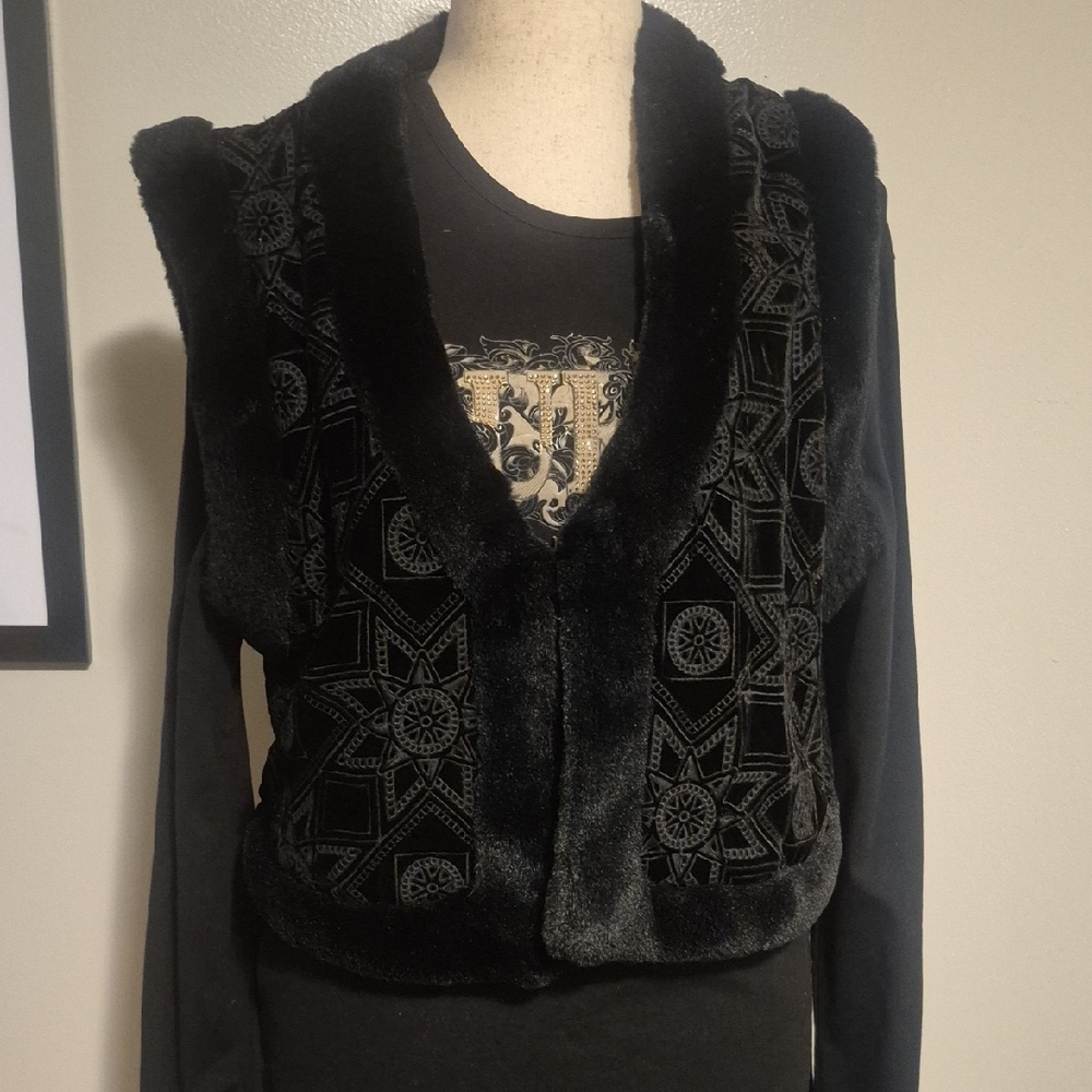 Johnny Was Black Faux Fur Silk Vest XL Star Pattern Softest Fur Lined GORGEOUS!